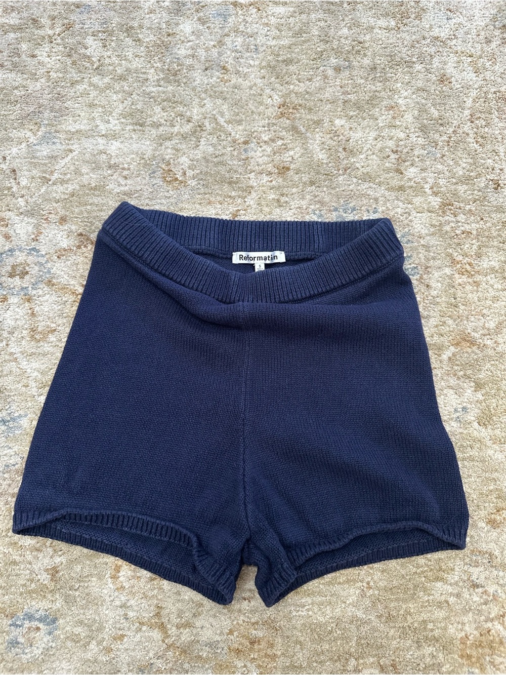 Reformation Navy Knit Bike Shorts
